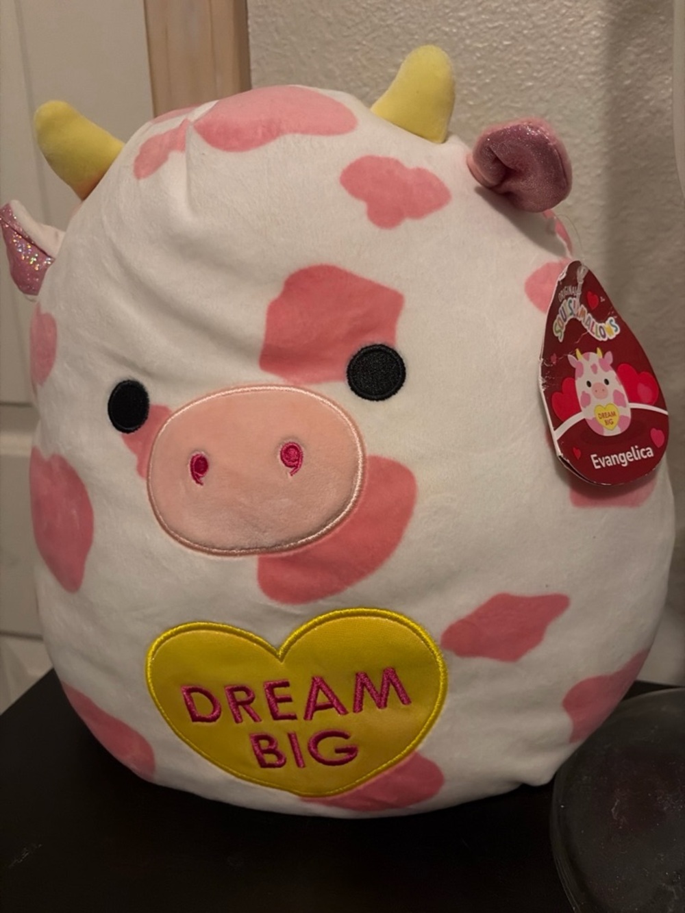 Squishmallows Pink & White Cow Plush with Yellow Heart